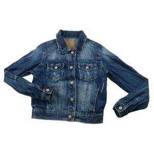 Amethyst Womens LS Snap Button Down Dark Distressed Wash Denim Jean Jacket Small